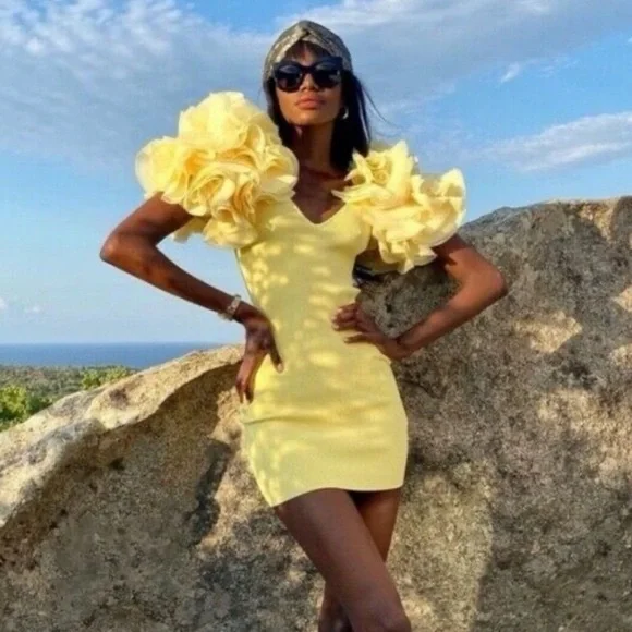 ZARA Organza Puff sleeve Bodycon Knit Mini Dress Yello... - Picture 3 of 5